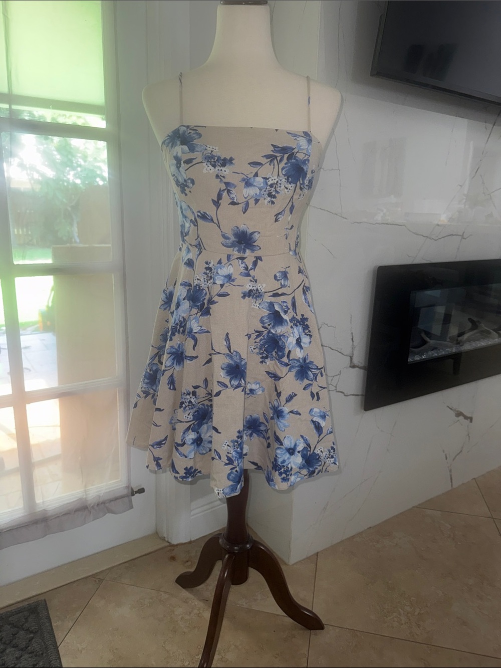 Line City Studio Beige Mini Dress with Blue Floral Print